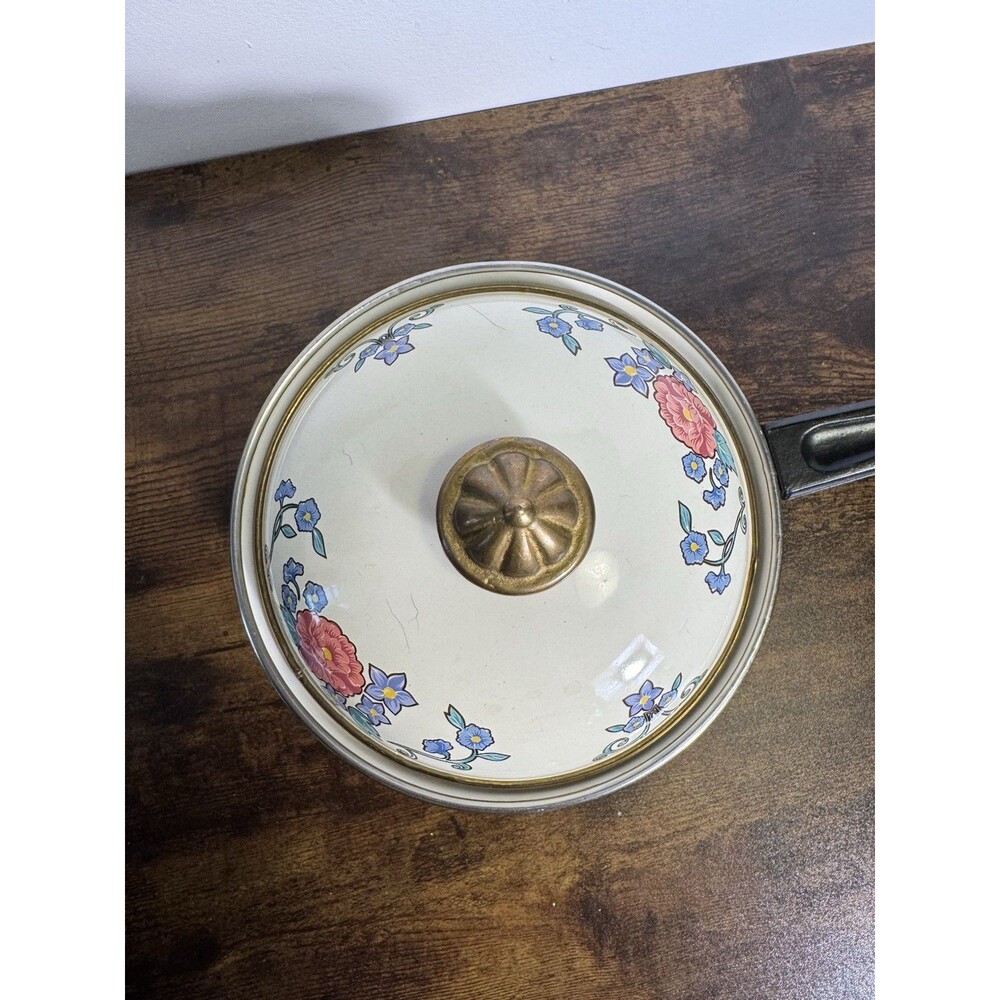 Vintage White Enamel And Floral Sauce Pot With Lid Whimsy Kitchen Cookware Pan - Picture 2 of 11